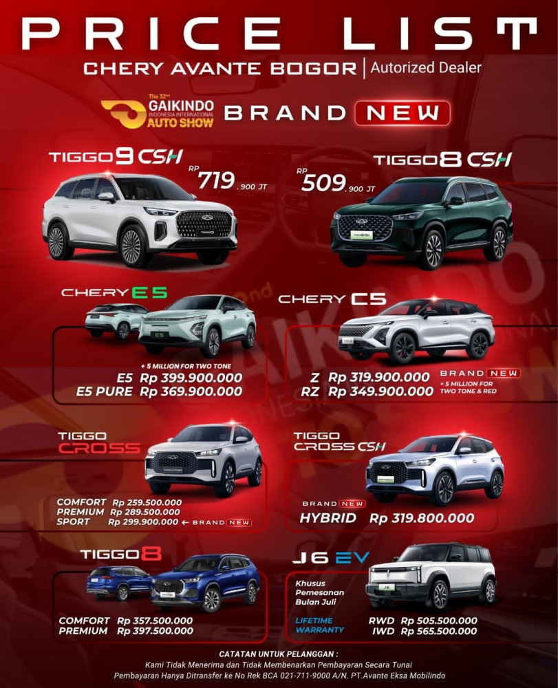 Pricelist Harga Chery cibubur 2025